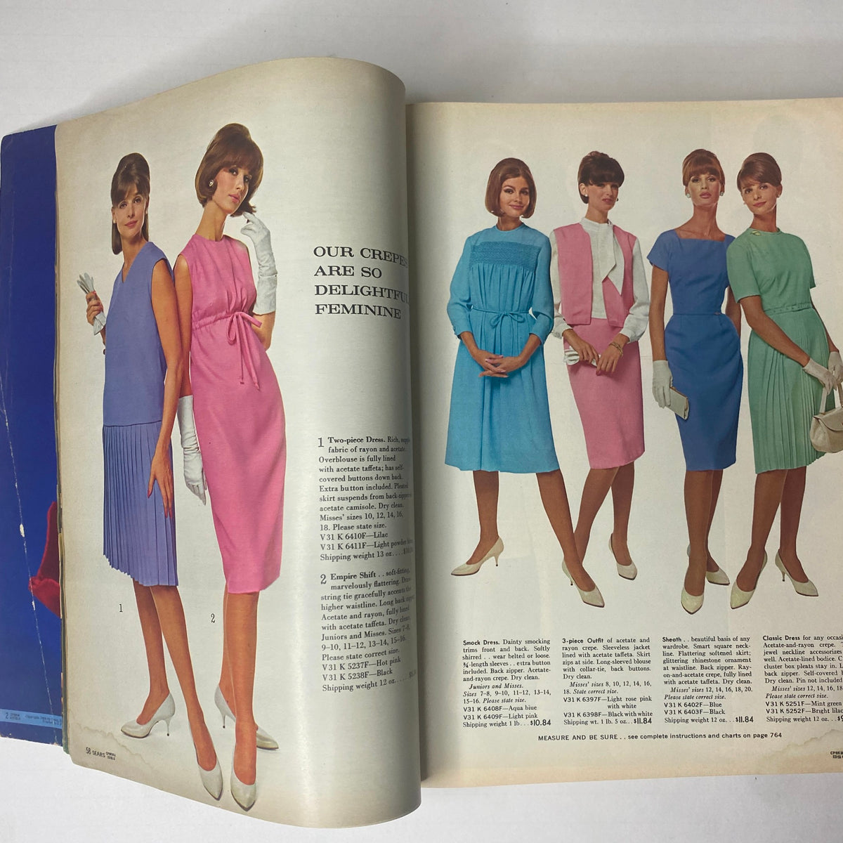 1964 Sears Mr. John Classic Hats Spring - Summer Catalog featuring delightful feminine dresses in vibrant colors, displayed by stylish models.