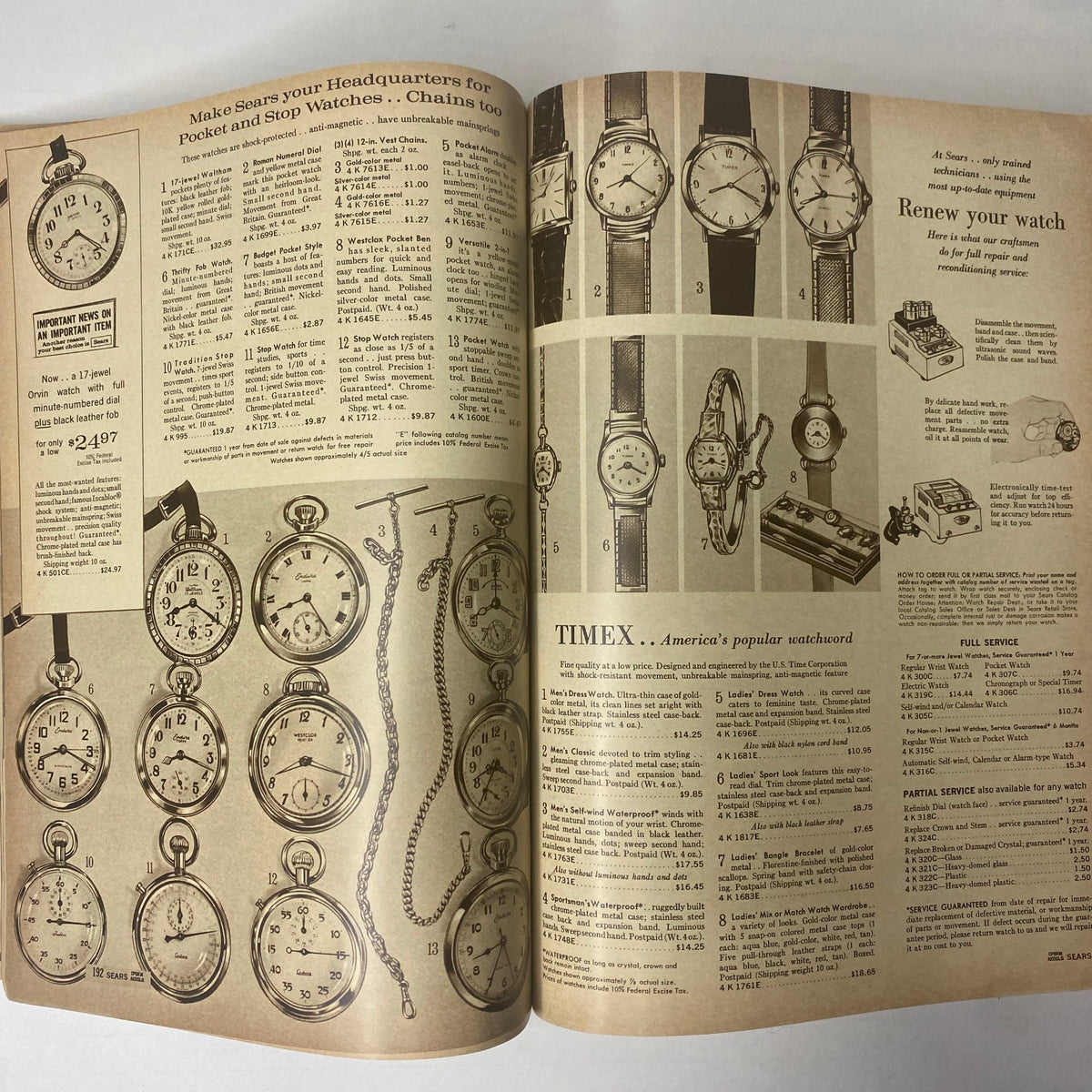 1964 Sears Mr. John Classic Hats Spring - Summer Catalog presenting a variety of watches, emphasizing quality and style available at Sears.
