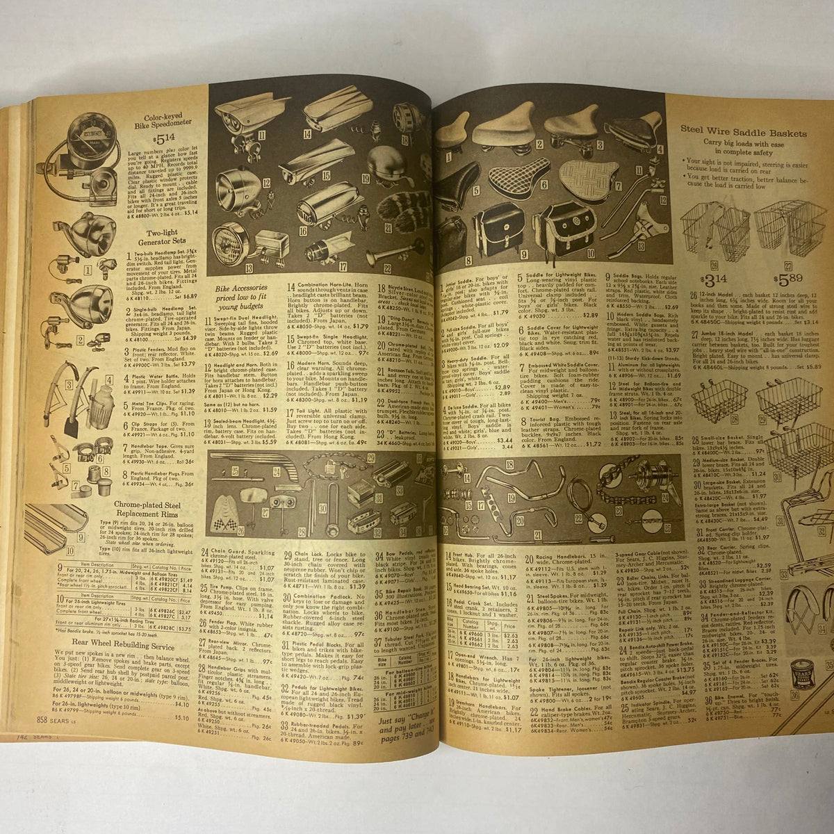 1964 Sears Mr. John Classic Hats Spring - Summer Catalog featuring various bicycle accessories and components, demonstrating the practical inventory of the era for biking enthusiasts.