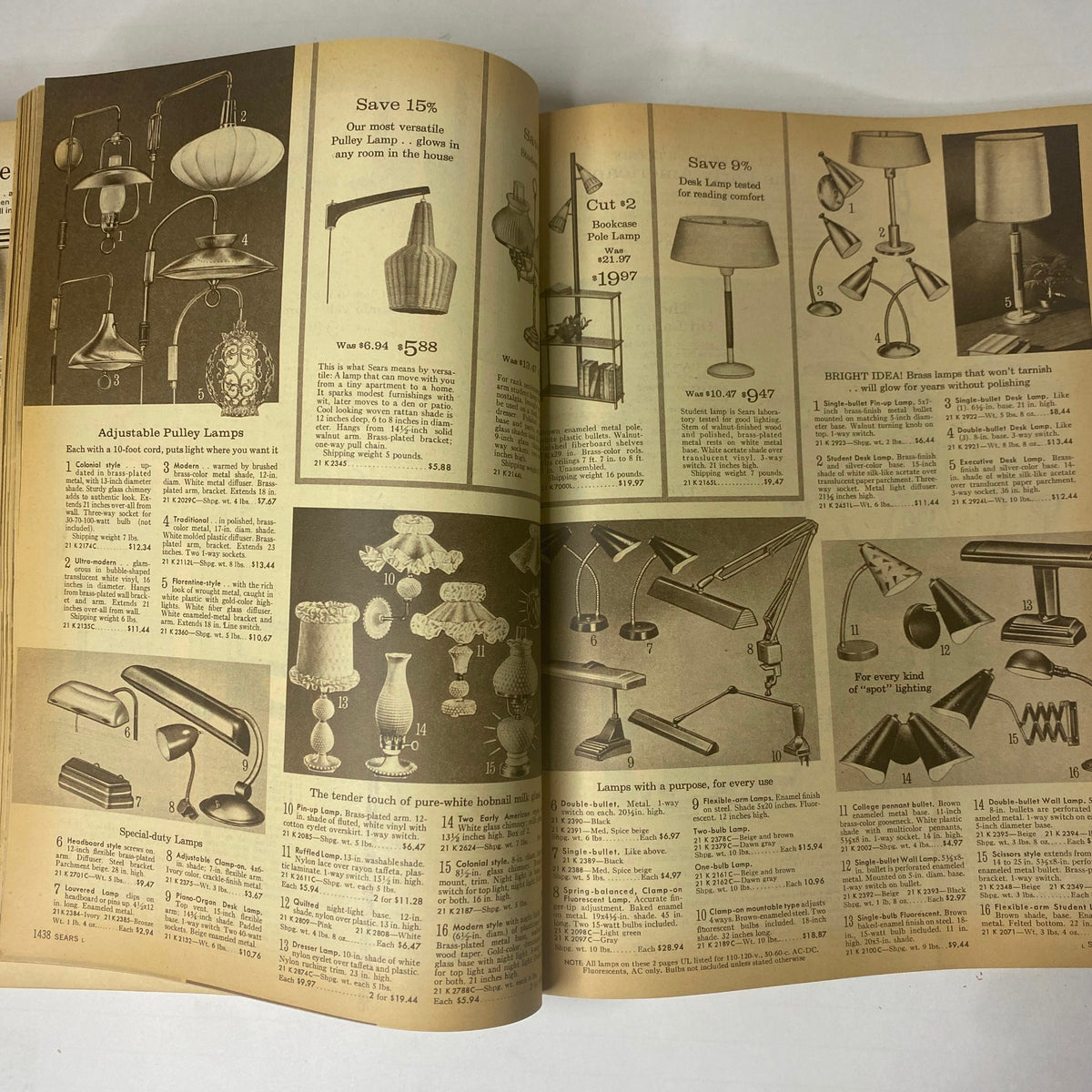Ad for adjustable and special-duty lamps featured in the 1964 Sears Mr. John Classic Hats Spring - Summer Catalog, highlighting different lamp designs and prices.
