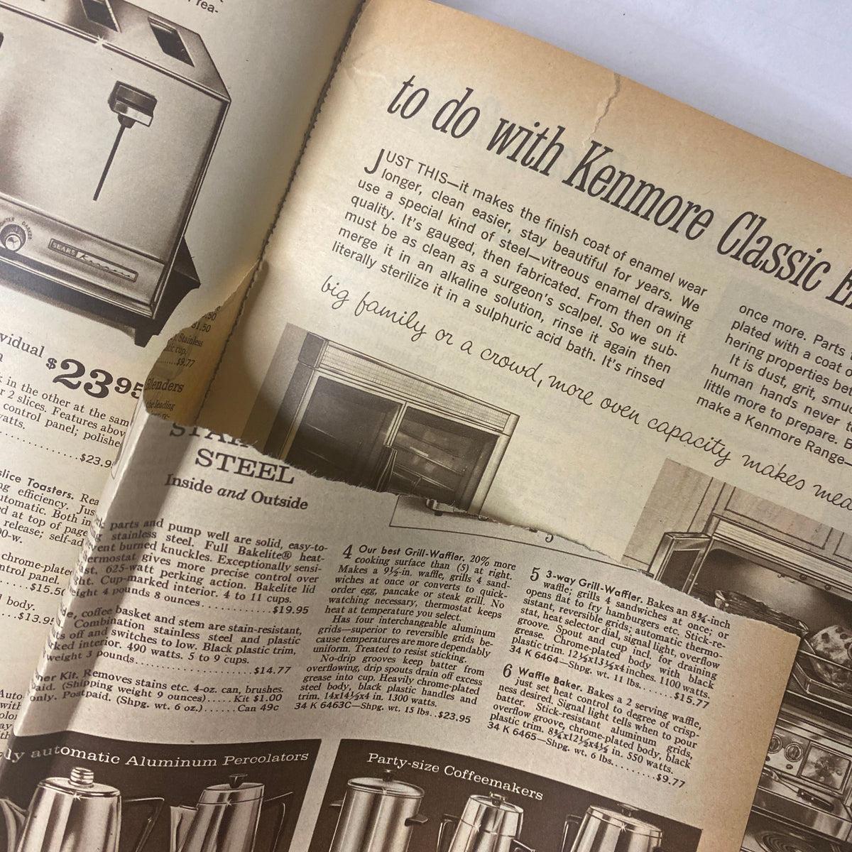 Content about Kenmore Classic kitchen appliances from the 1964 Sears Mr. John Classic Hats Spring - Summer Catalog, detailing maintenance and specifications.