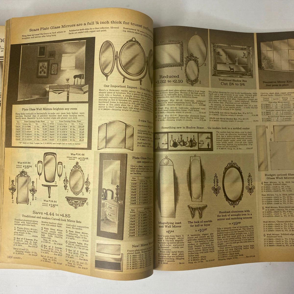 Page displaying different types of plate glass mirrors from the 1964 Sears Mr. John Classic Hats Spring - Summer Catalog, including price reductions and descriptions.