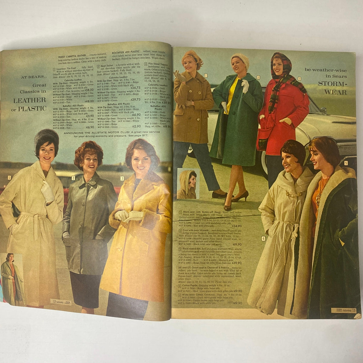 Interior page of the 1961 Sears Fall and Winter Catalog showcasing a collection of women's outerwear. The page features five models wearing various coats from the Weather-Wise Storm-Wear Collection.