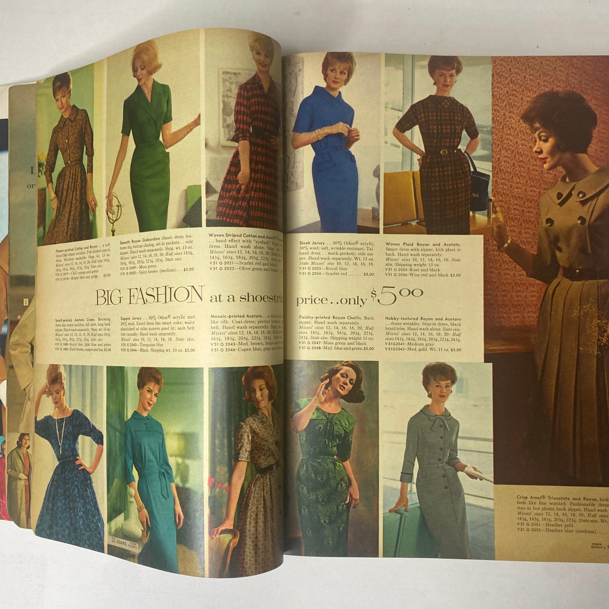 Another interior page of the 1961 Sears Fall and Winter Catalog highlighting big fashion styles for women at affordable prices. The page displays several stylish dresses worn by models in a retro setting.