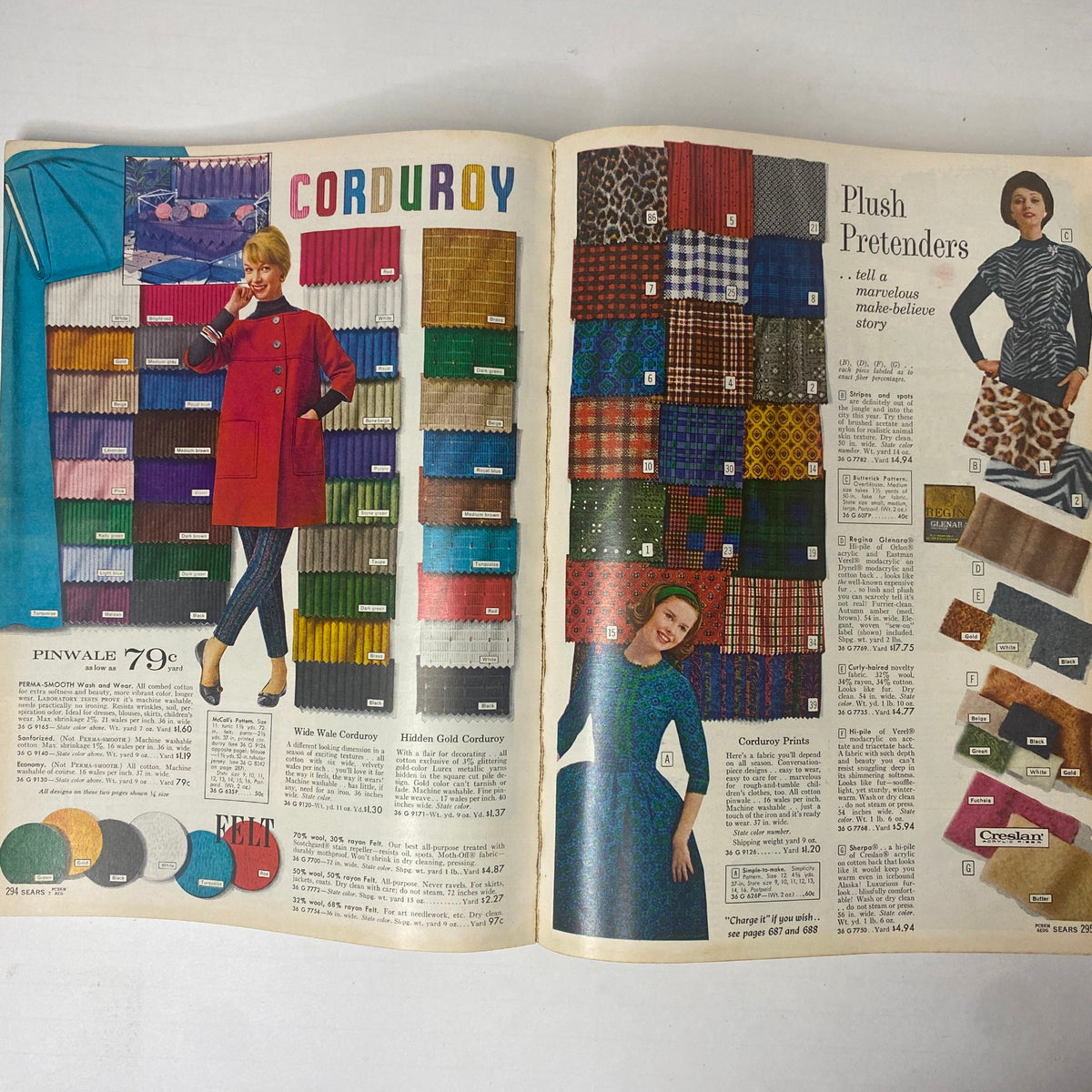 Final interior page of the 1961 Sears Fall and Winter Catalog showcasing a range of corduroy fabrics and styles. A model poses in a red coat while surrounded by colorful fabric swatches.