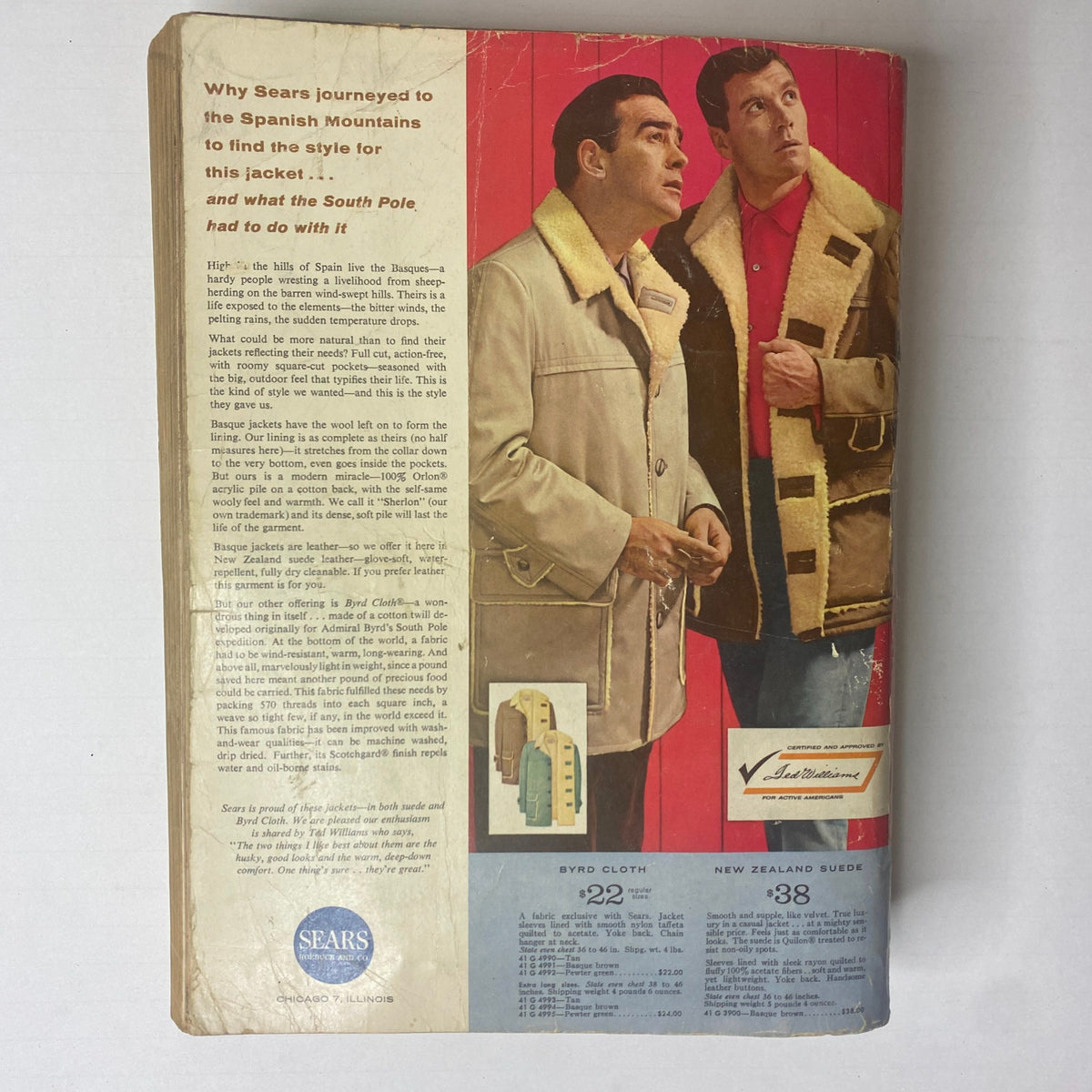 Back cover of the 1961 Sears Fall and Winter Catalog featuring a stylish Basque jacket alongside detailed product text relevant to outdoor wear.