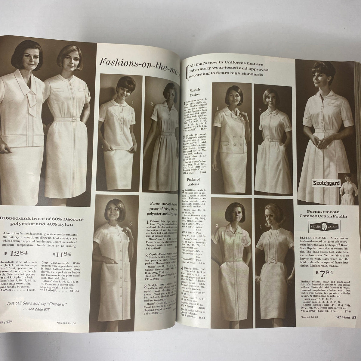 Stylish uniform options featured in the 1965 Sears Spring and Summer Catalog, showcasing elegant designs and various fabric types suitable for professional wear.