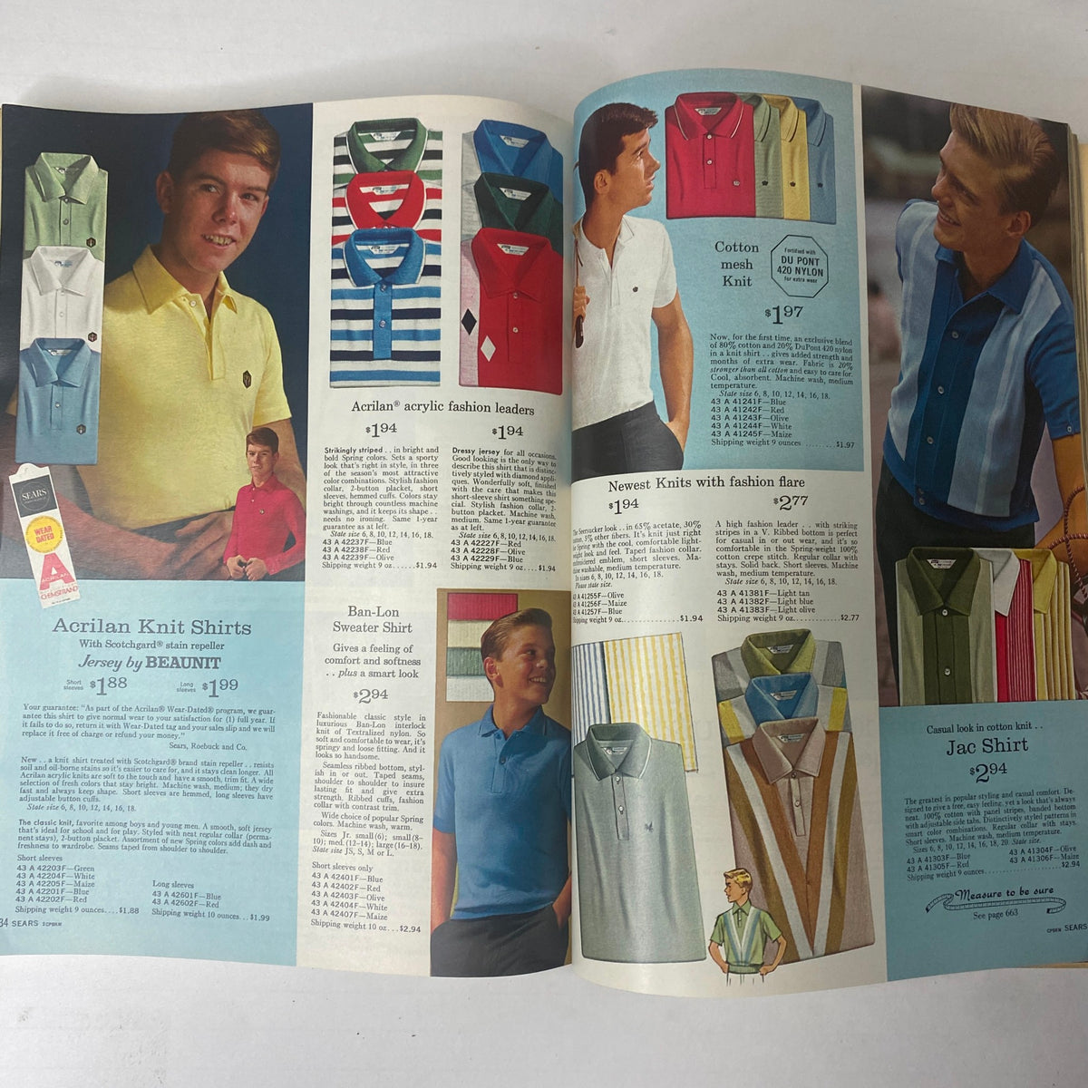 1965 Sears Spring and Summer Catalog displaying a collection of men's knit shirts, highlighting vibrant colors and styles, for the contemporary man in the 60s.