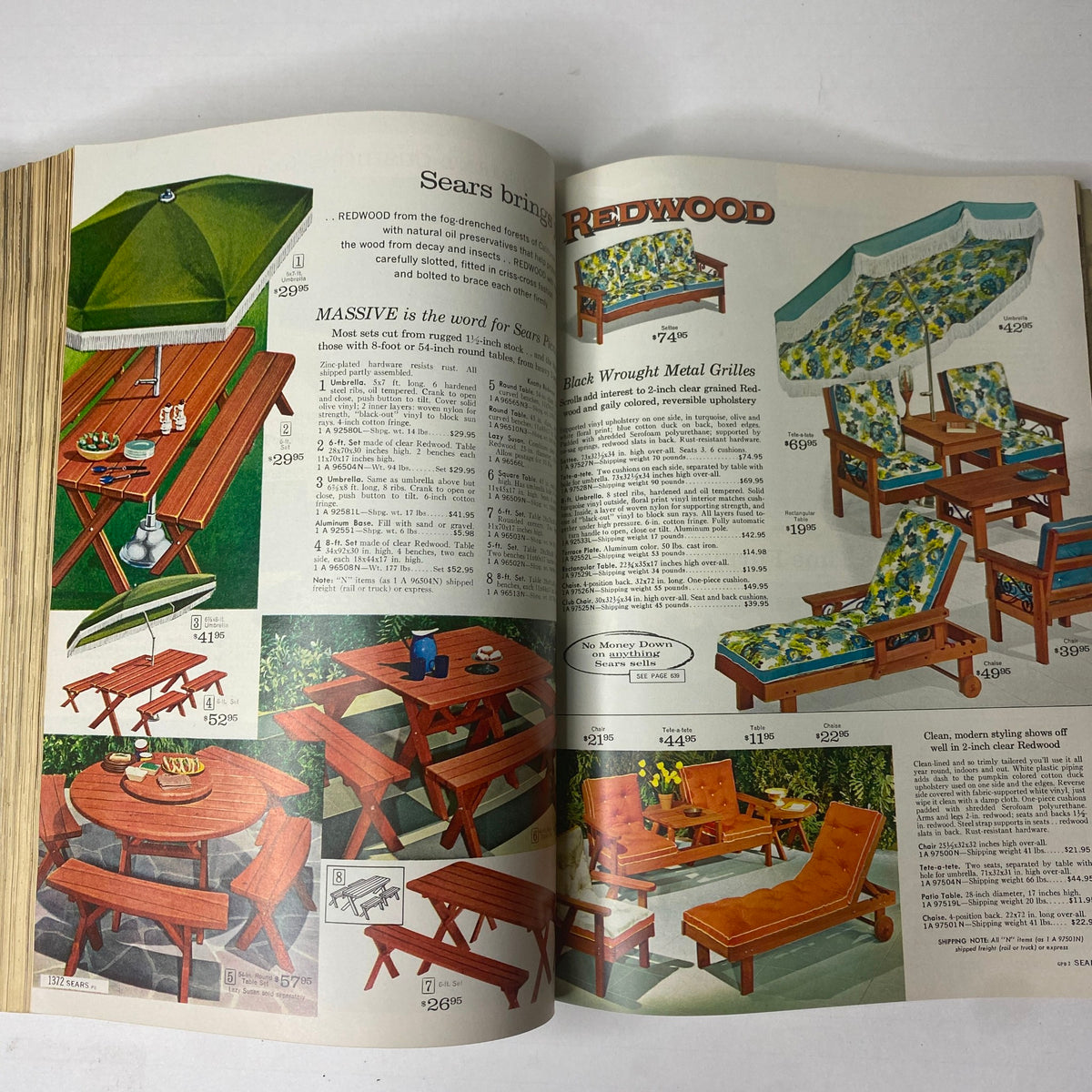 1965 Sears Spring and Summer Catalog showcasing outdoor furniture including tables, chairs, and umbrellas, highlighting the Redwood collection and prices.
