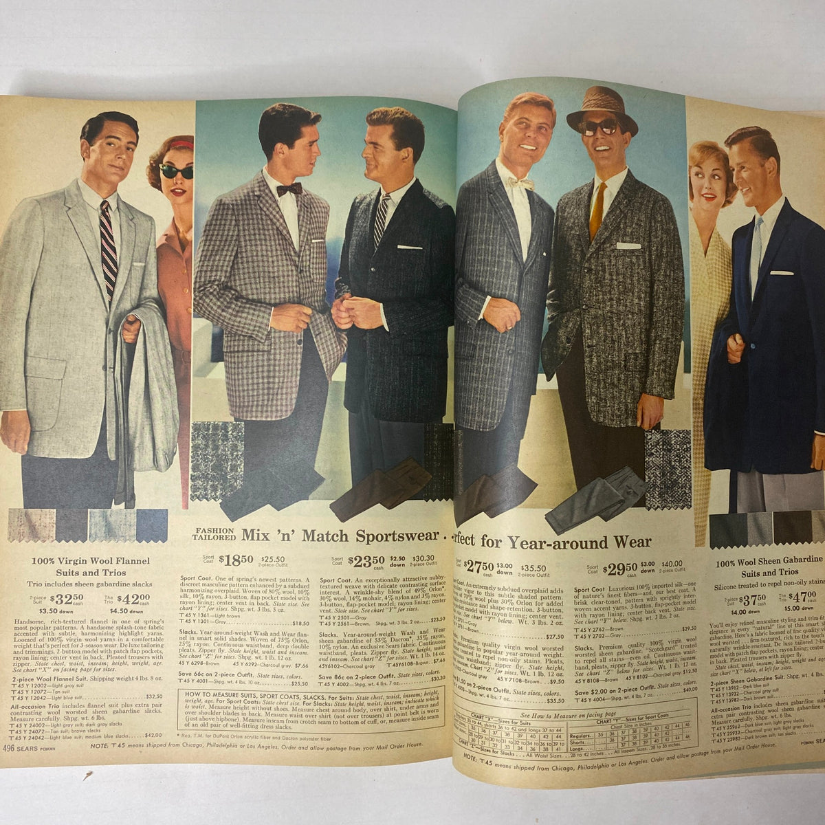 Page from the 1959 Sears Classic Spring and Summer Catalog presenting fashionable men's suits and sportswear, capturing the style of the late 1950s.
