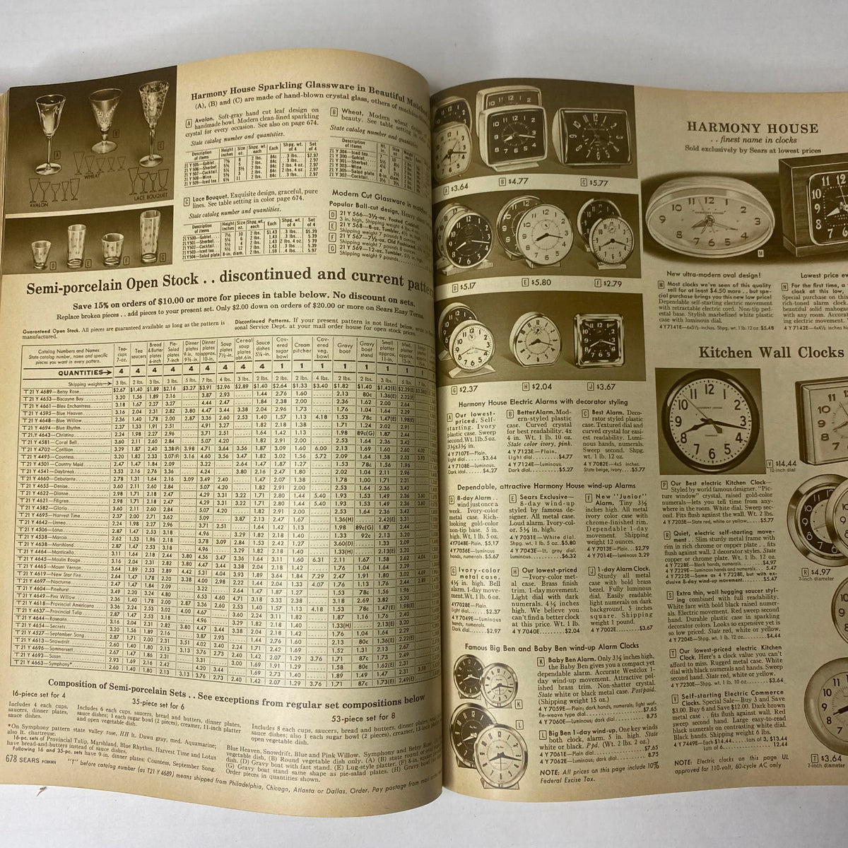 Interior pages showcasing Harmony House glassware and clocks from the 1959 Sears Classic Spring and Summer Catalog. Features listings for sparkling glassware and various wall clocks.