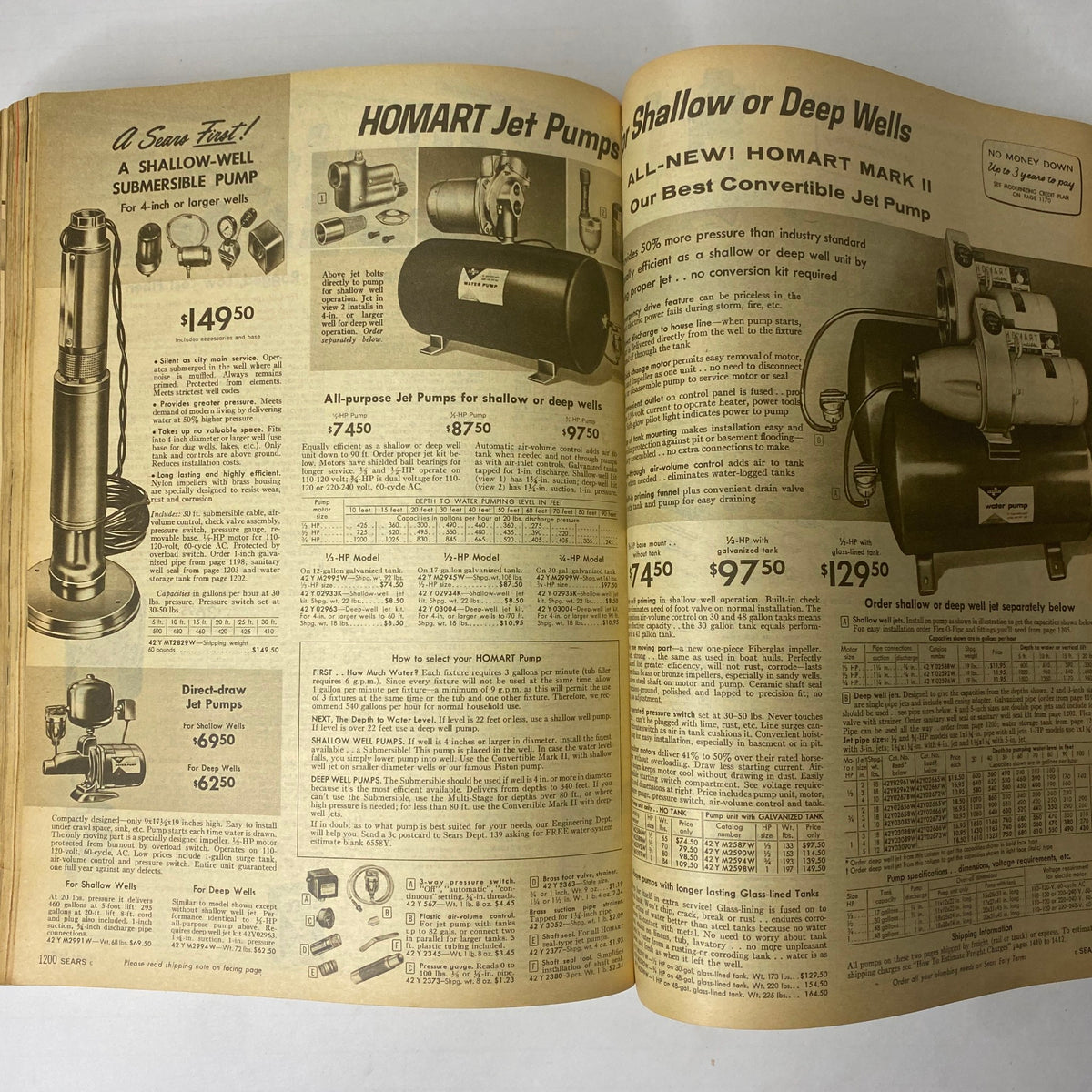 Jet pump products page from the 1959 Sears Classic Spring and Summer Catalog, showcasing the HOMART jet pumps and specifications for shallow and deep wells.