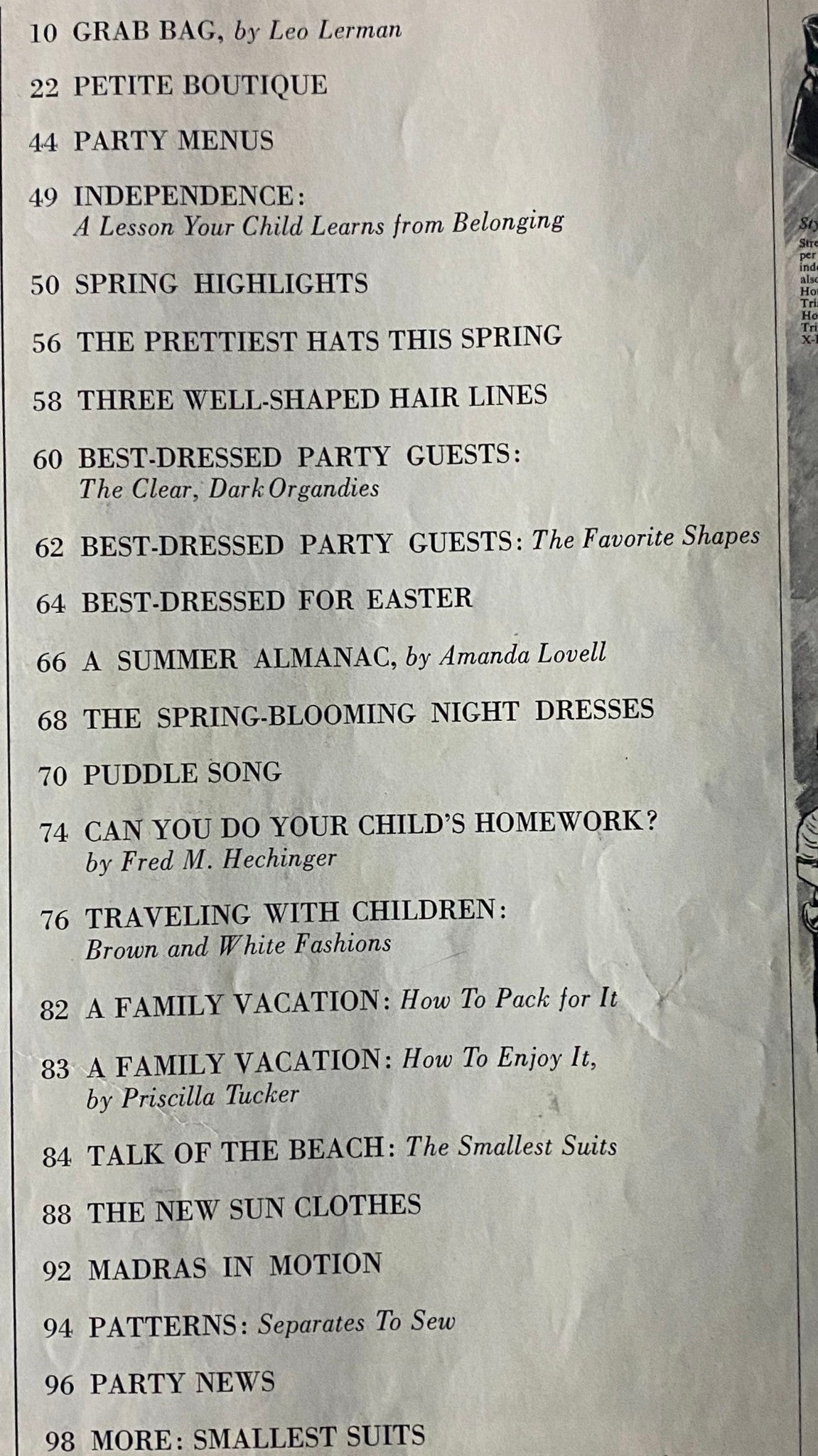 Table of contents page from Vogue Children's Fashions - Spring Summer 1965 Catalog, detailing sections on fashion highlights, party menus, and parenting tips.