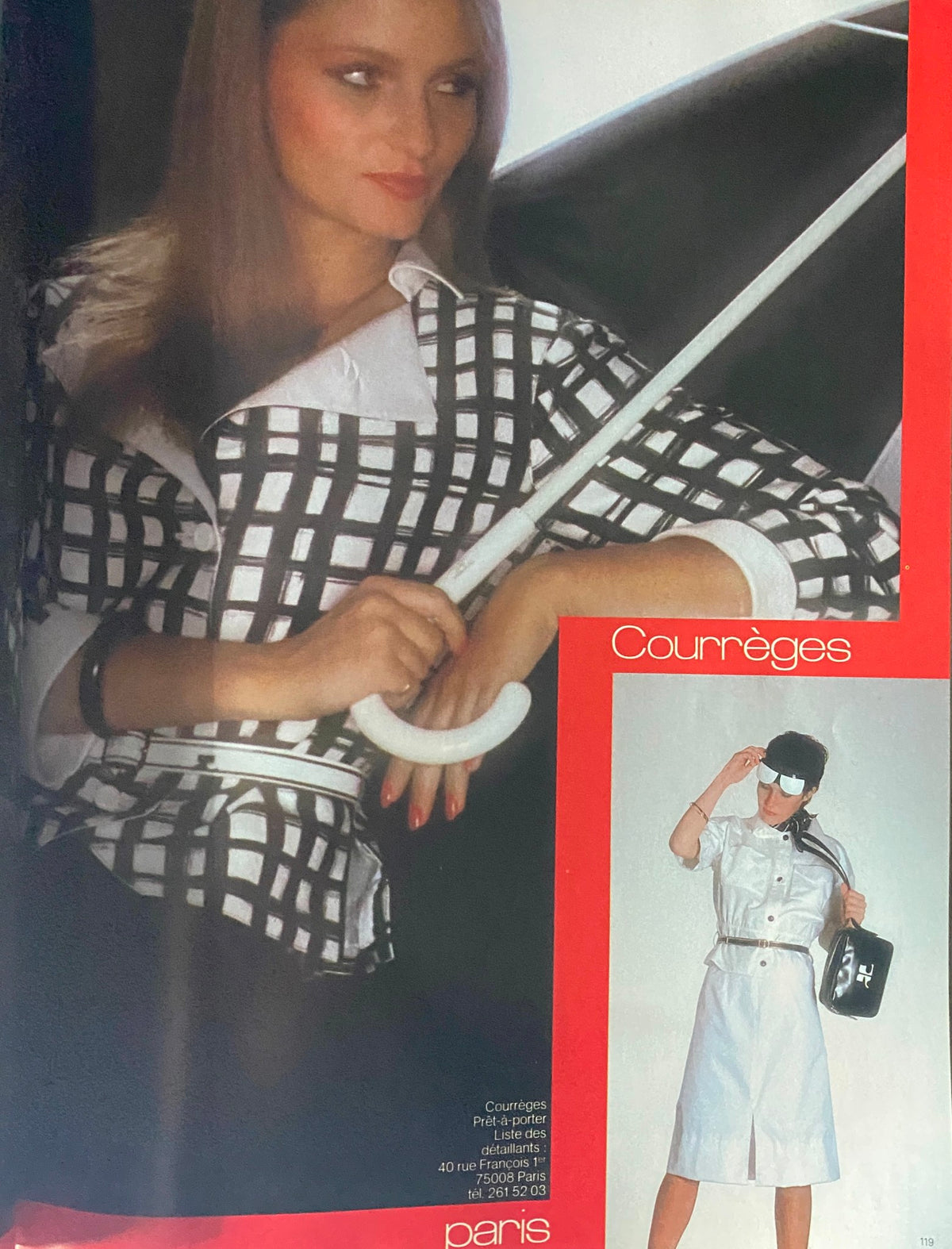 Fashion editorial spread from Vogue Paris Magazine February 1980 featuring models in Courrèges designs, showcasing contemporary styles of the era.