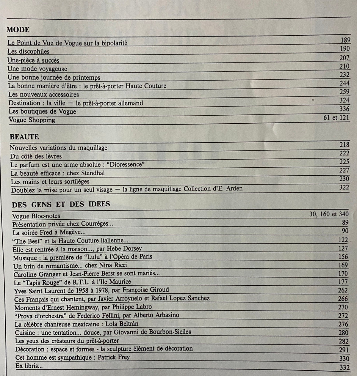 Contents page of Vogue Paris Magazine April 1979, detailing articles on fashion bipolarity, beauty trends, and profiles of various designers.