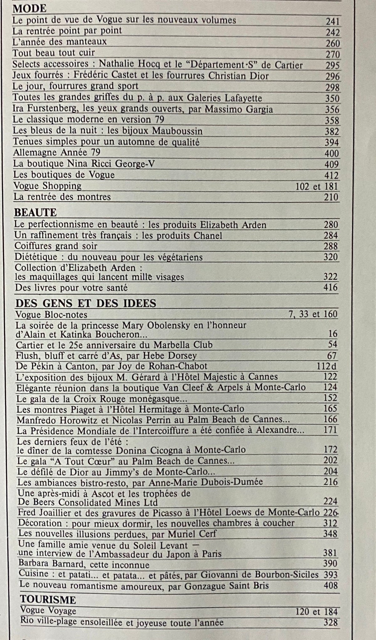 Table of contents page from Vogue Paris Magazine, October 1978, listing fashion features, beauty articles, and cultural events for the issue.