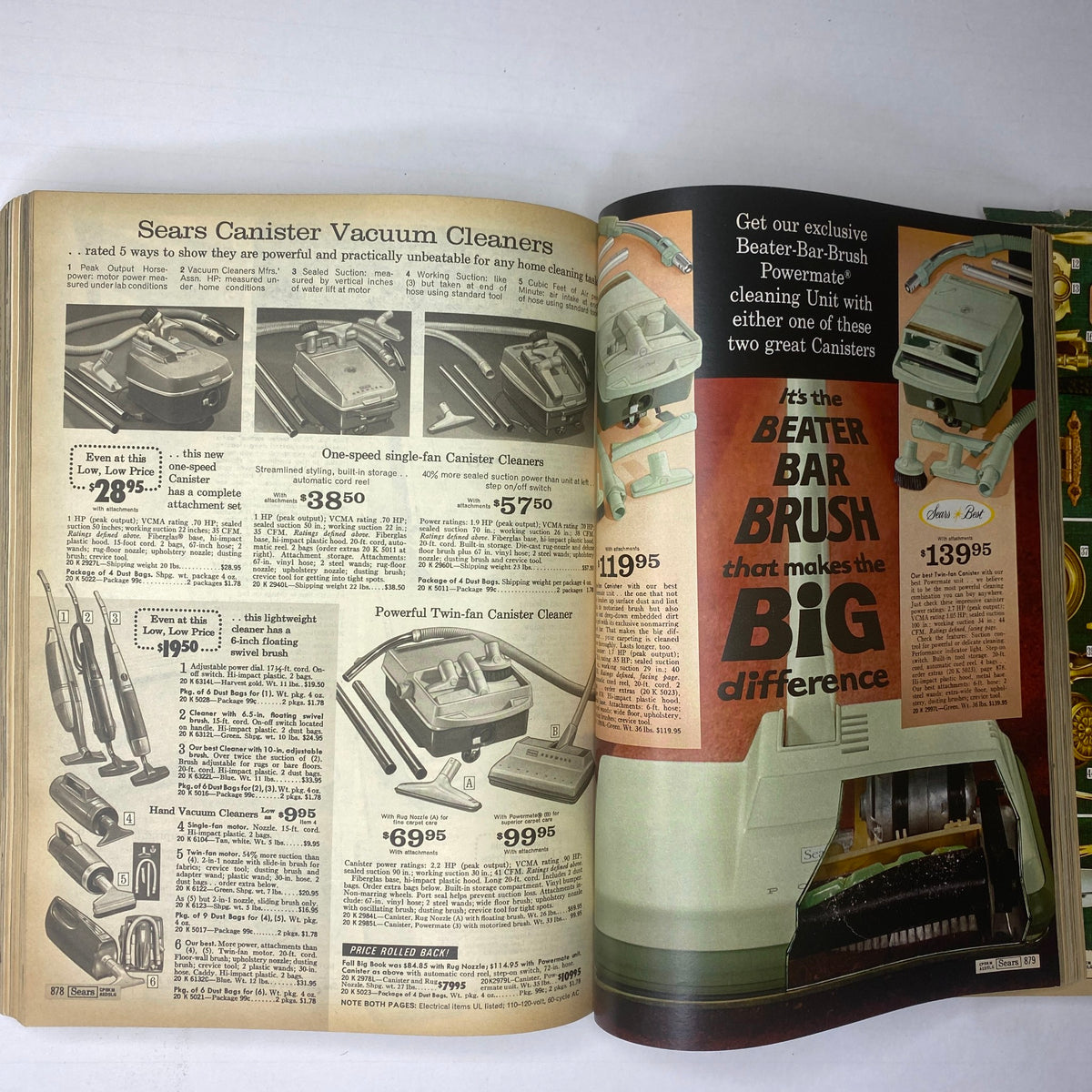 Page from the 1970 Sears Junior Bazaar Spring and Summer Catalog featuring Sears canister vacuum cleaners. Displays various models with detailed descriptions and prices, highlighting home cleaning innovations of the time.