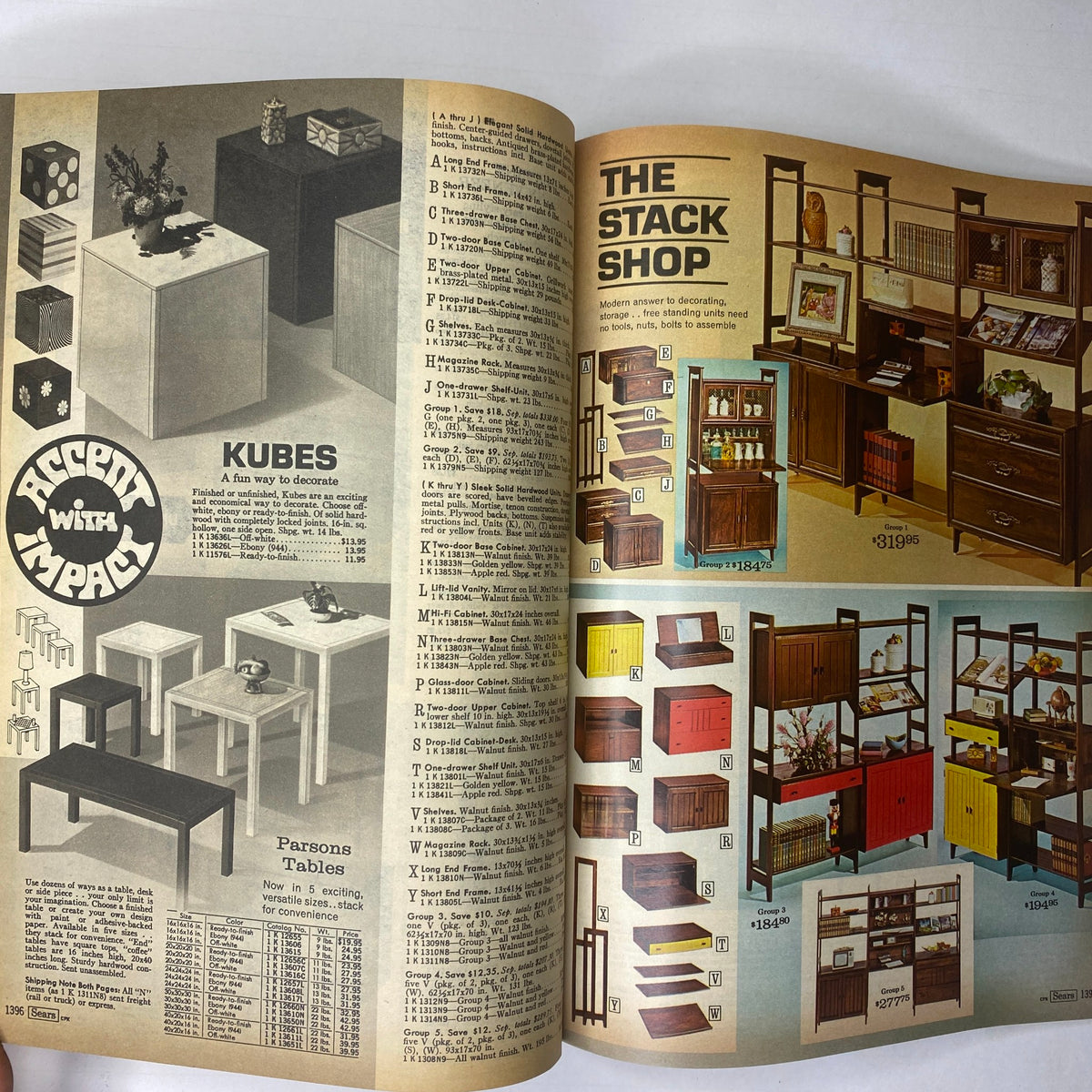 Page from the 1970 Sears Junior Bazaar Spring and Summer Catalog featuring accent furniture called 'Kubes' and stacking storage units. Displays a variety of innovative and stylish home décor solutions.
