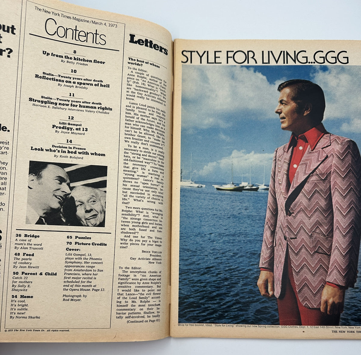 Interior page of The New York Times Magazine March 4, 1973, showcasing the Table of Contents and letters section, offering insights into features including articles by notable writers.