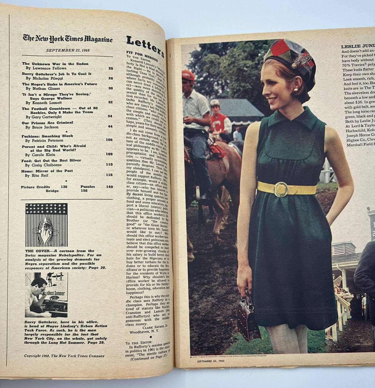 An interior spread of The New York Times Magazine from September 22, 1968, displaying editorial content including The Unknown War in the Sudan and featuring a fashion photo of a woman at a social event.