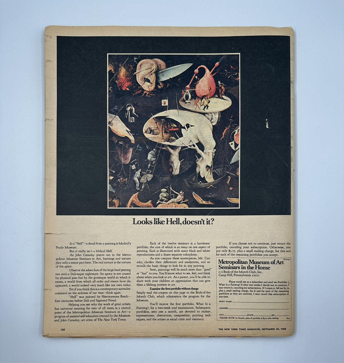 Back cover of The New York Times Magazine from September 22, 1968, displaying surreal artwork and text that prompts a thought-provoking commentary.