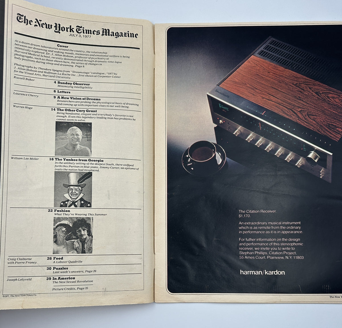 Inside page of The New York Times Magazine July 3, 1977 displaying the Table of Contents, including articles like 'A New Vision of Dreams' and 'The Other Cary Grant'.