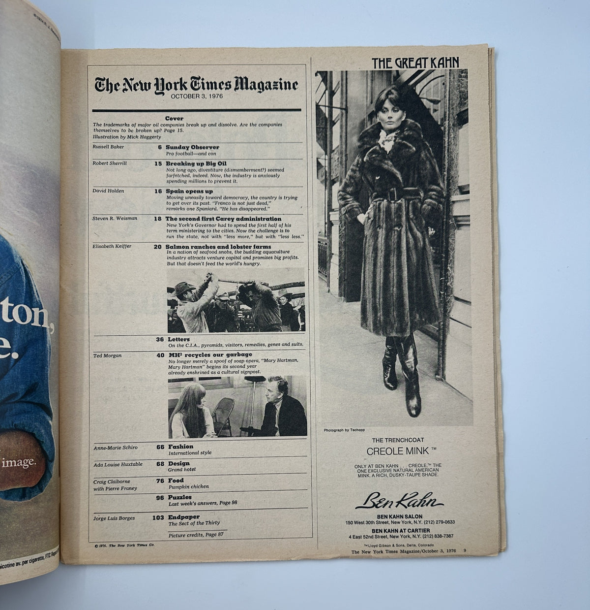 Inside page of The New York Times Magazine dated October 3, 1976, displaying the content list including articles about the Breaking Up Big Oil feature and a fashion advertisement for Ben Kahn's fur collection.