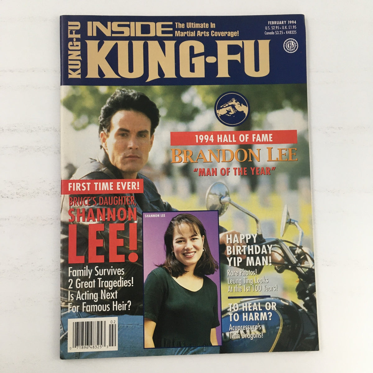 Cover of Inside Kung Fu Magazine February 1994 featuring Brandon Lee as 'Man of the Year' and Shannon Lee. Highlights martial arts legacy and family heritage.