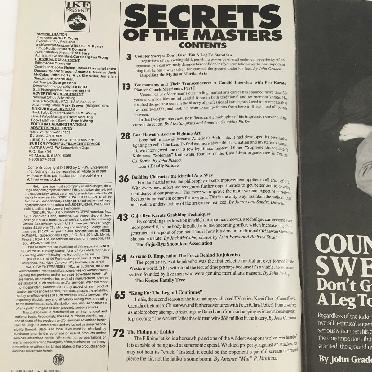 Contents page of Secrets of the Masters Magazine March 1994, detailing articles on martial arts techniques and insights from John Graden and Chuck Merriman.