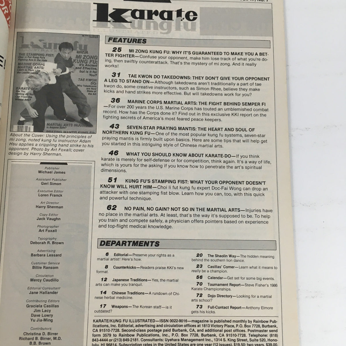 Table of contents and features from Karate Kung-Fu Illustrated Magazine July 1986 Vol 17 #7, highlighting topics including Mi Zong Kung Fu, takedown techniques, and seven-star praying mantis martial arts.