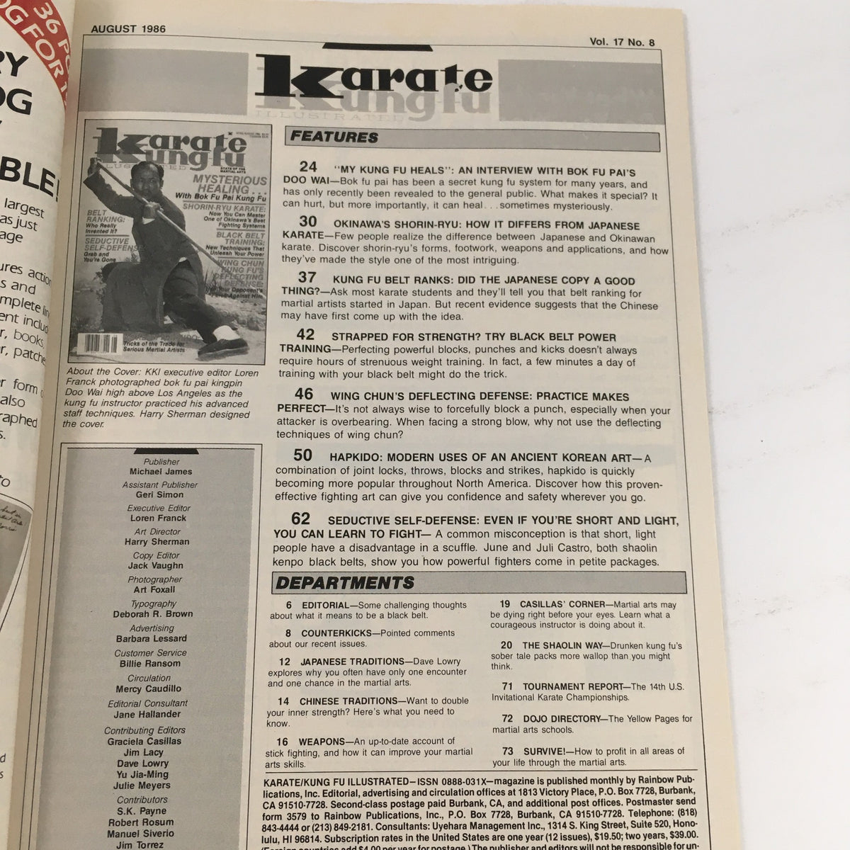 Table of contents from Karate Kung-Fu Illustrated Magazine August 1986, Vol 17 #8 featuring Kingpin Doo Wai cover. Highlights include articles on martial arts techniques, training, history, and interviews.