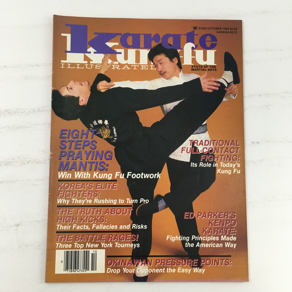 Cover of Karate Kung-Fu Illustrated Magazine October 1986 Vol 17 No 10 featuring martial arts imagery and articles like 'Eight Steps Praying Mantis' and 'Traditional Full-Contact Fighting'.