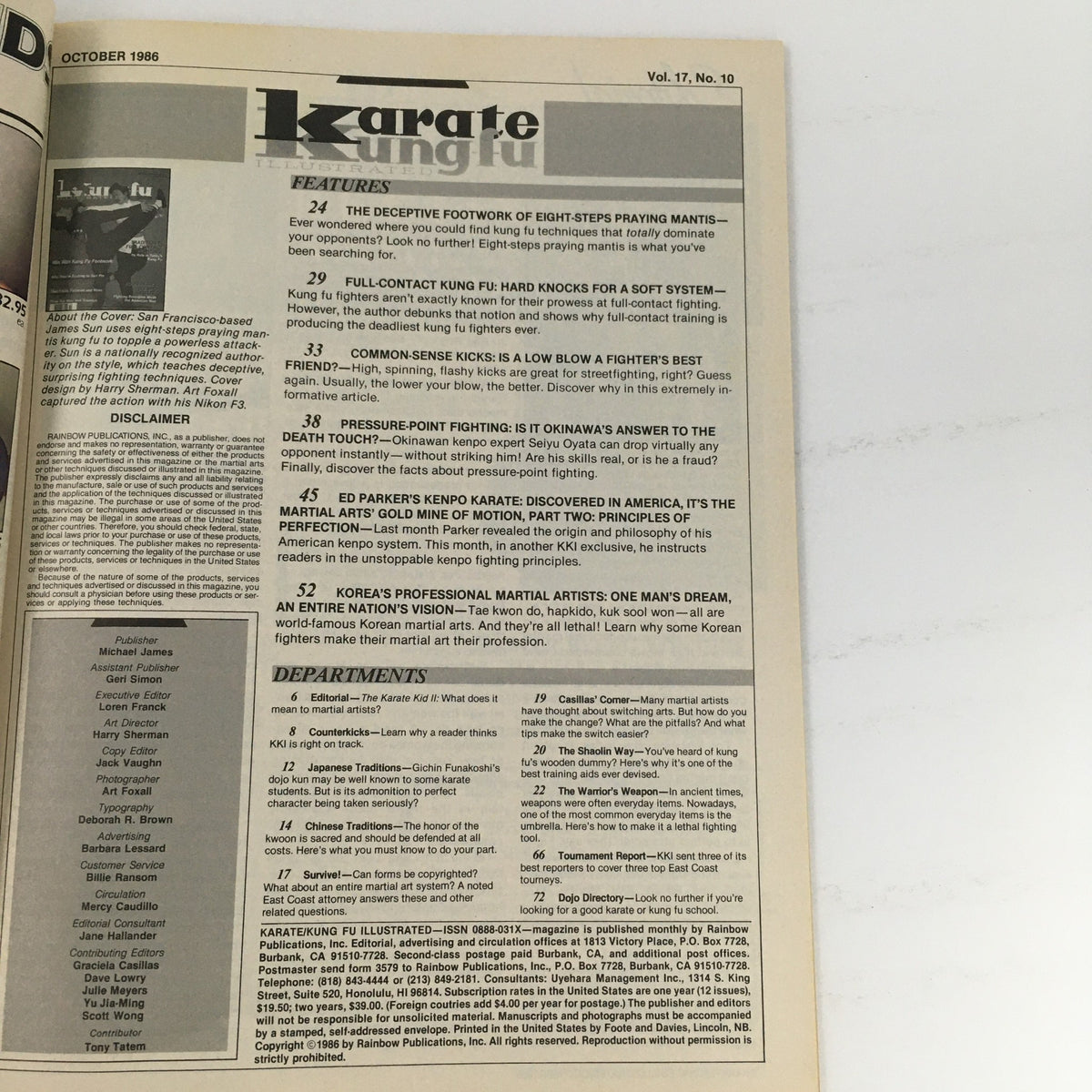Interior page of Karate Kung-Fu Illustrated Magazine October 1986 Vol 17 No 10 showcasing the table of contents with highlights of featured articles and martial arts techniques.