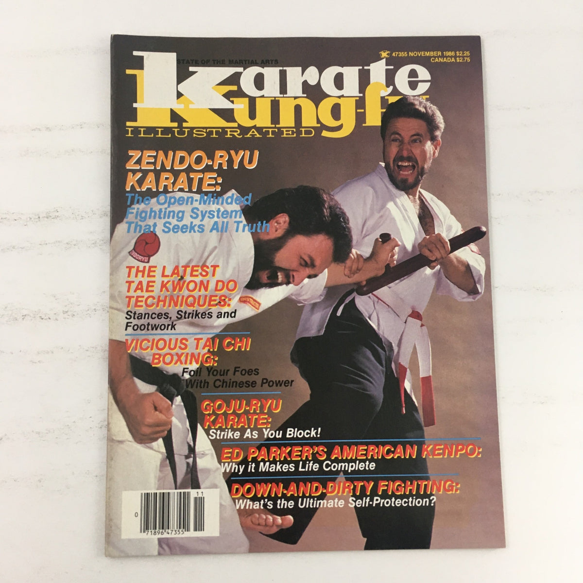 Cover of Karate Kung-Fu Illustrated Magazine November 1986 Vol 17 #11 featuring martial artists demonstrating techniques and showcasing articles on martial arts practices.