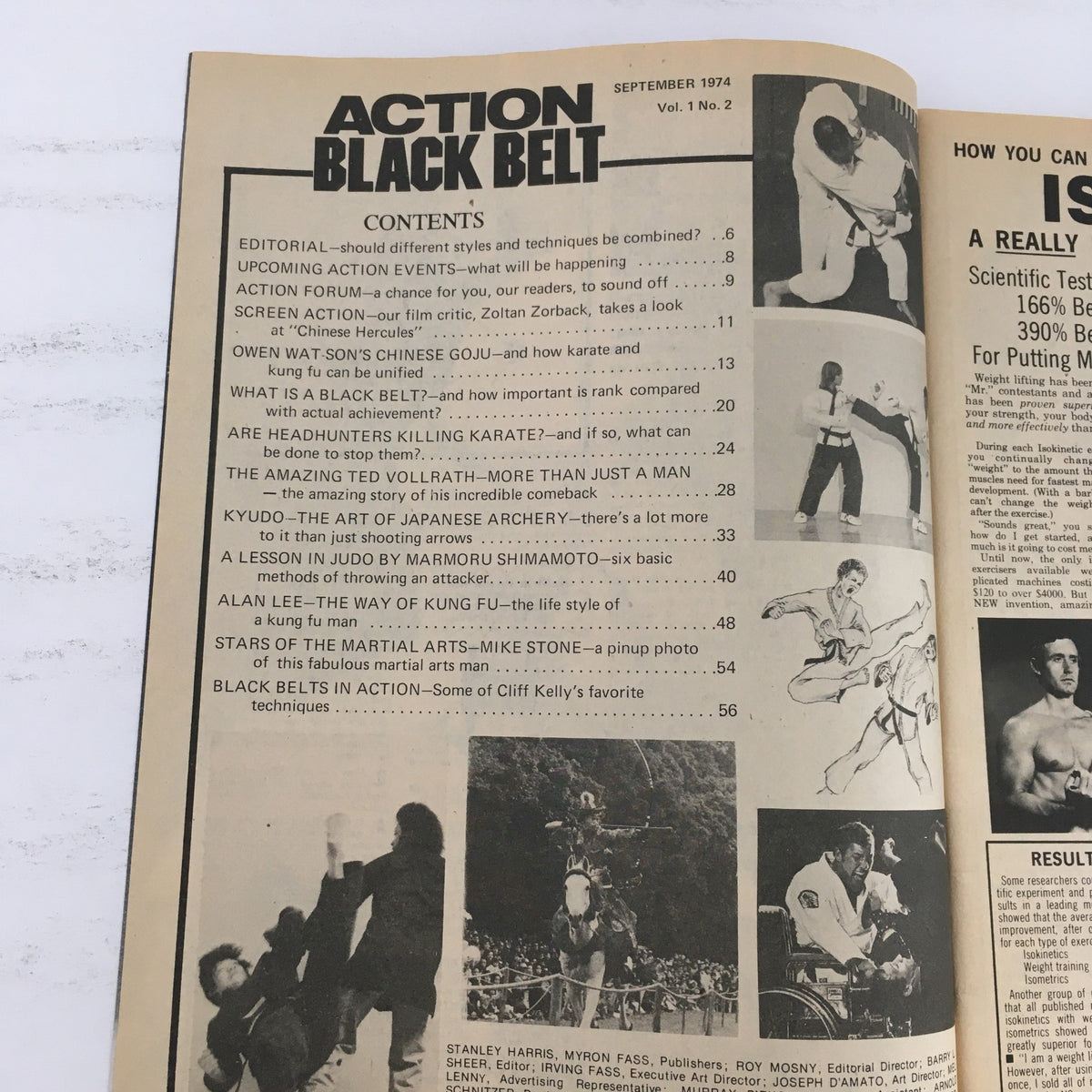 Contents page of Action Black Belt Magazine September 1974 Vol 1 #2, listing articles on martial arts topics, including Owen Watson's Chinese Goju, the importance of black belts, and features on notable martial artists.