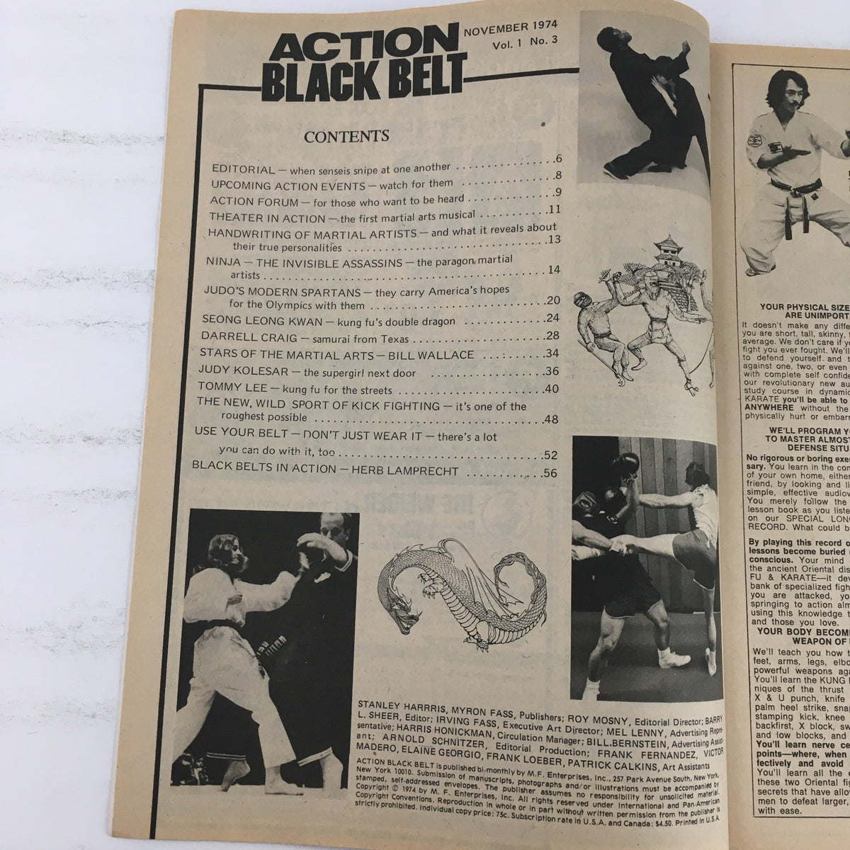 Contents page of Action Black Belt Magazine, November 1974, Volume #1, Issue #3, featuring articles and features related to martial arts, including notable topics like 'Ninja – The Invisible Assassins' and 'The New, Wild Sport of Kick Fighting.'