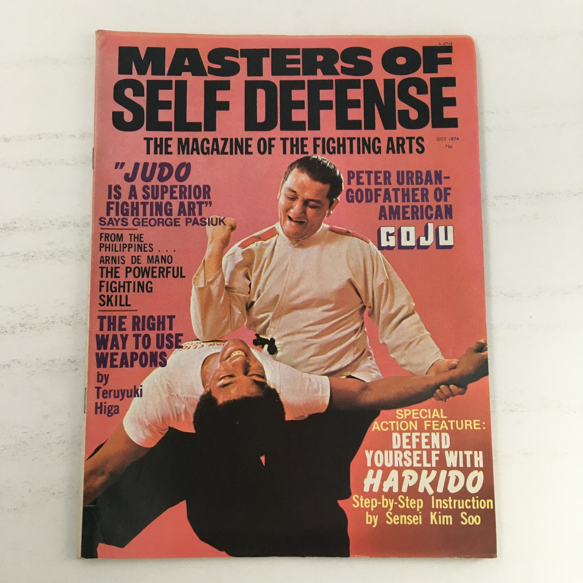 Masters of Self Defense Magazine October 1974 cover featuring articles on Judo, Arnis de Mano, and Hapkido along with prominent martial artists Peter Urban and George Pasiuk.