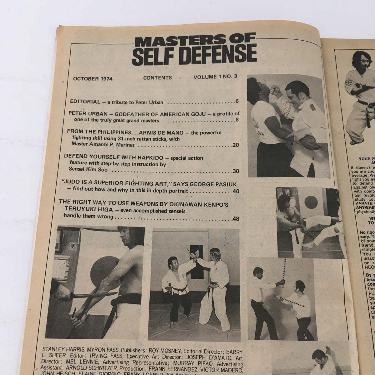 Masters of Self Defense Magazine October 1974 inside page showcasing the contents including articles on martial arts techniques and profiles of notable figures in the self-defense community.
