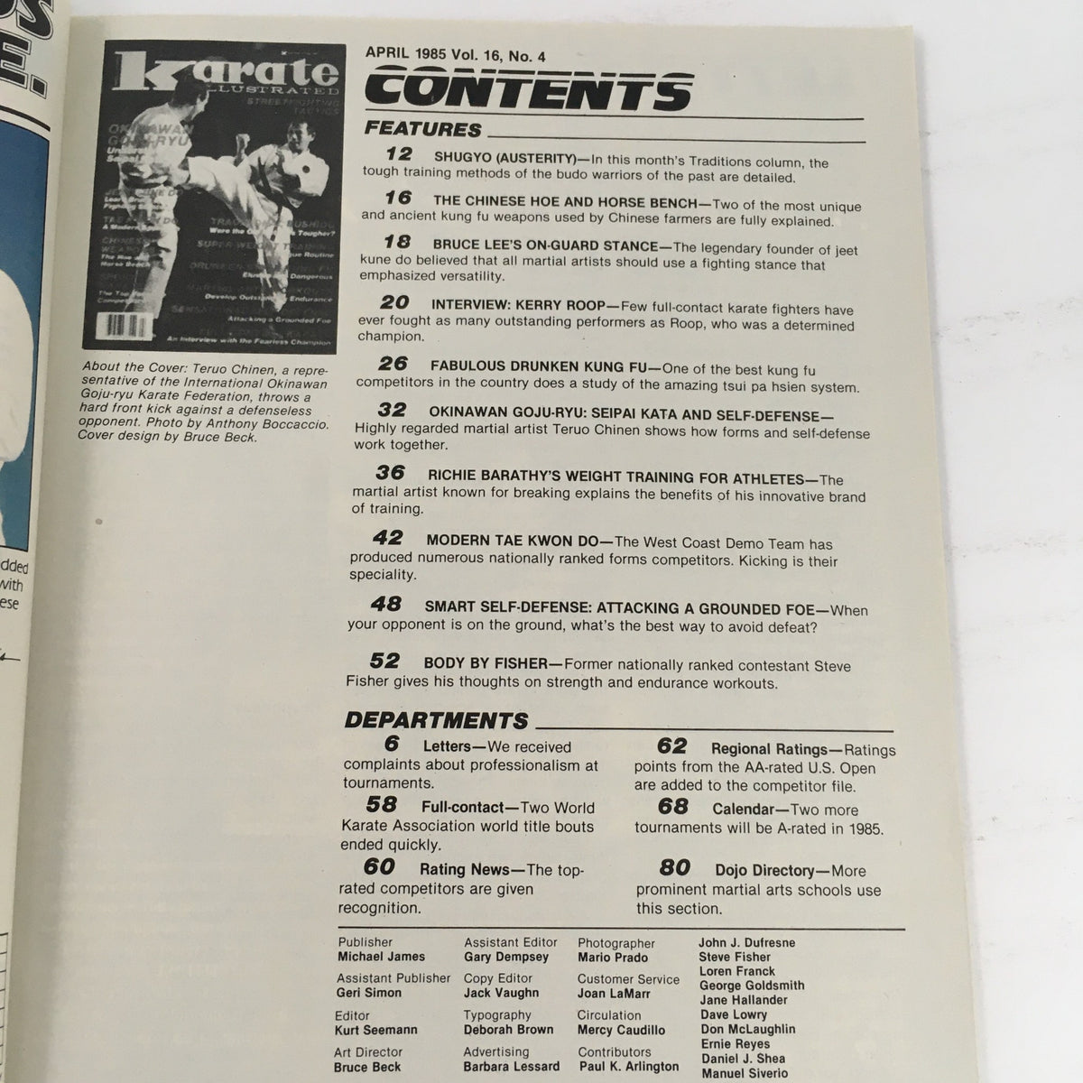 Contents page of Karate Illustrated Magazine April 1985 Vol 16 #4, detailing featured articles including an interview with Kerry Roop and techniques from Goju-Ryu master Teruo Chinen.