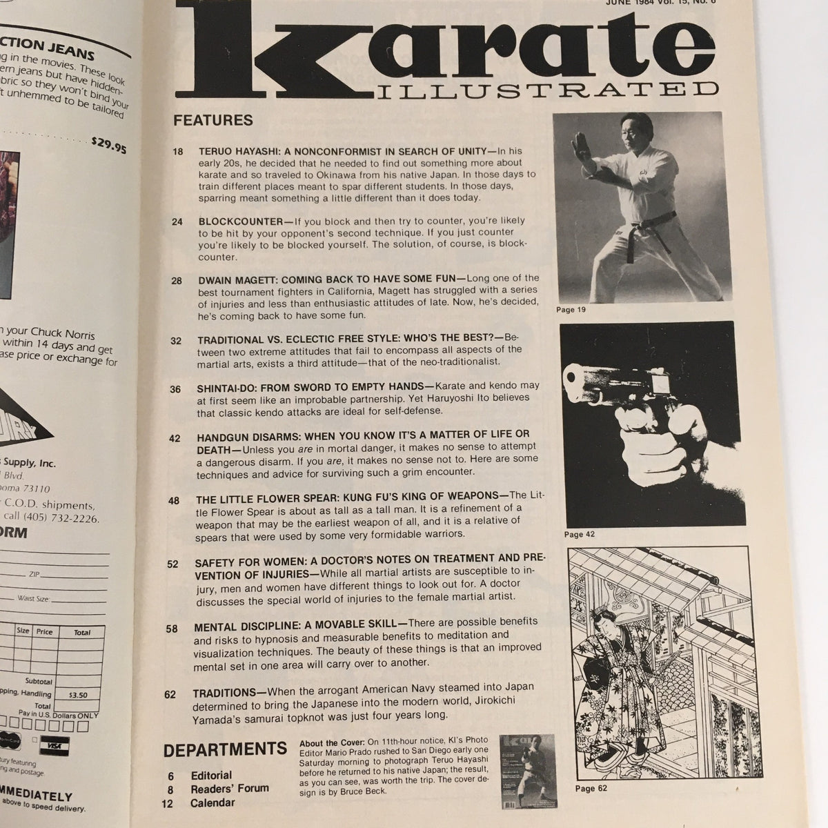 Inside pages of Karate Illustrated Magazine June 1984 Vol 15 #6 outlining features and topics like handgun disarms and karate techniques.