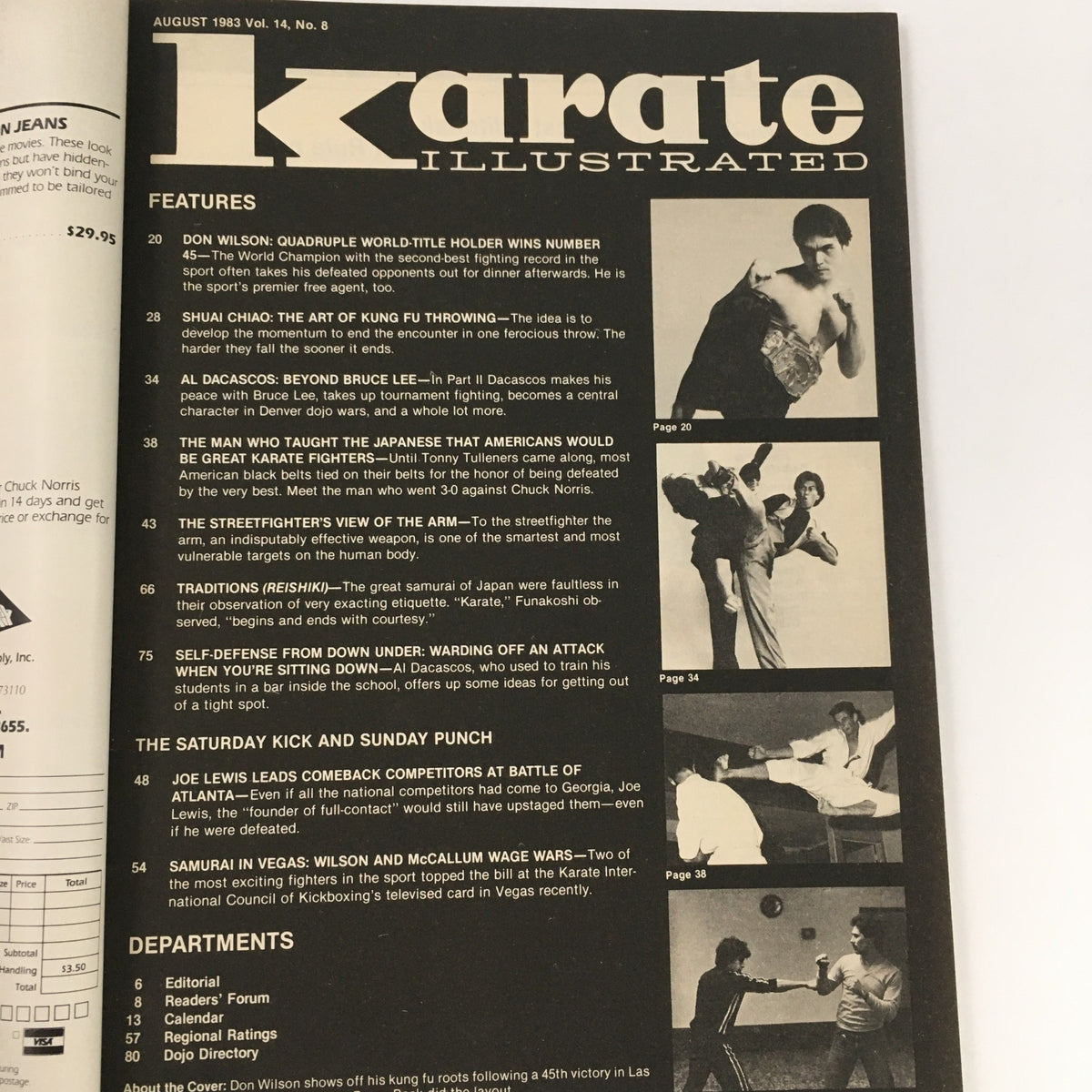 Interior page of Karate Illustrated Magazine August 1983 Vol 14 #8 showcasing features including Don Wilson's quad world-title win and articles on martial arts techniques.