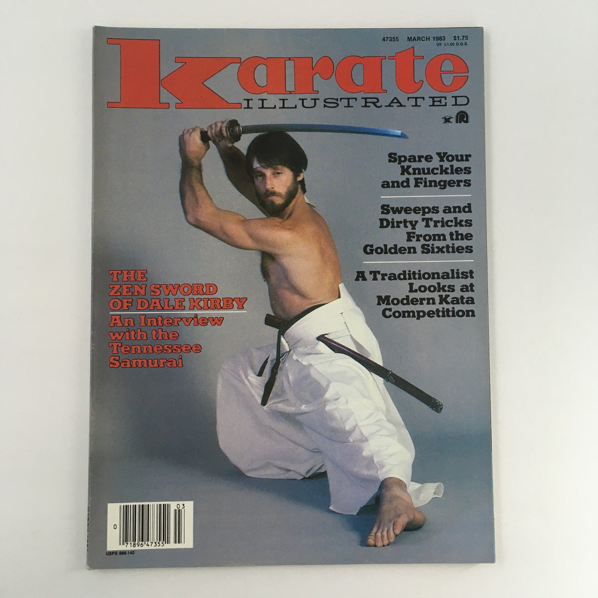 Cover of Karate Illustrated Magazine March 1983, featuring Dale Kirby with a sword, showcasing martial arts culture from the early '80s.