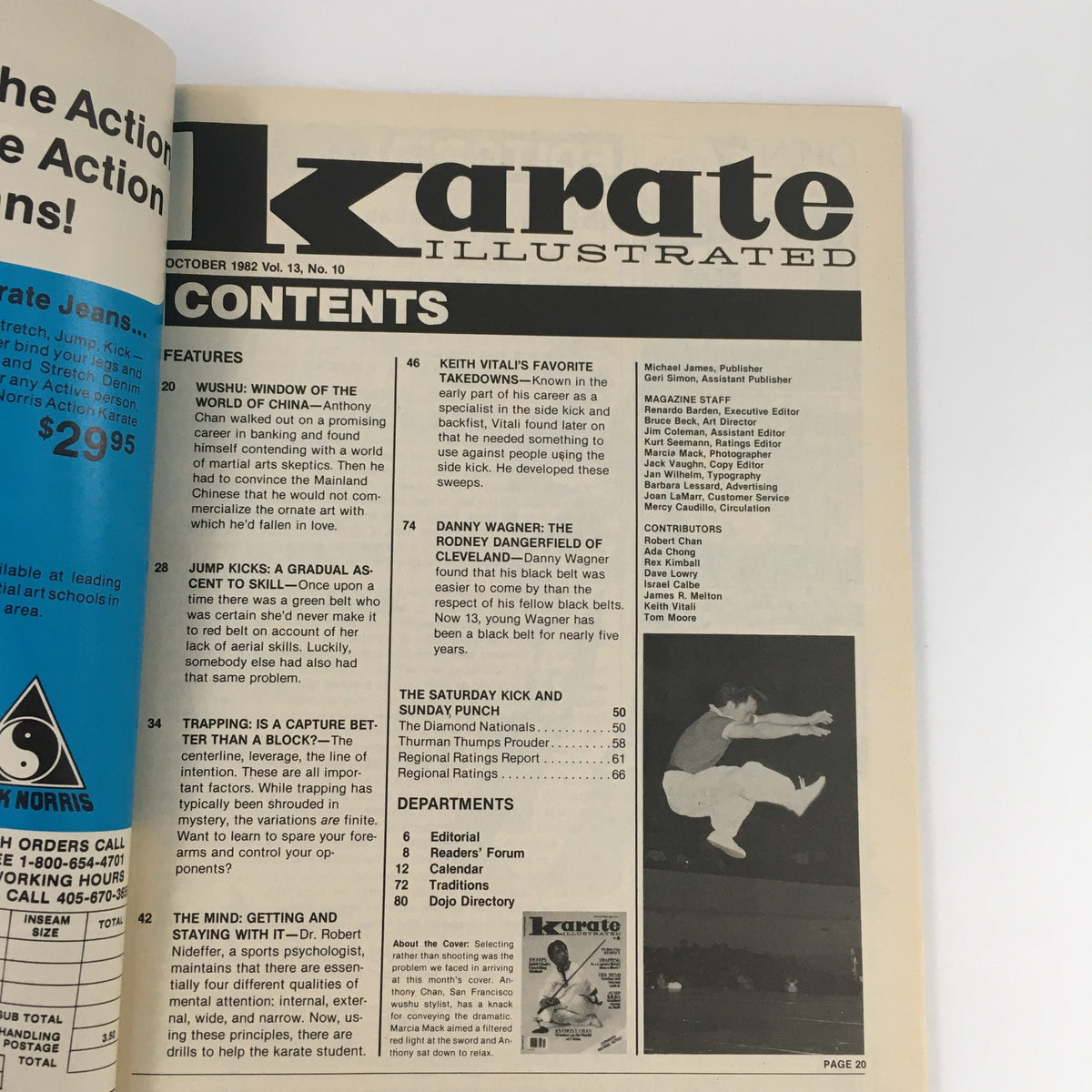 Contents page of Karate Illustrated Magazine October 1982 Vol 13 #10, detailing featured articles and sections including Anthony Chan's Wushu.