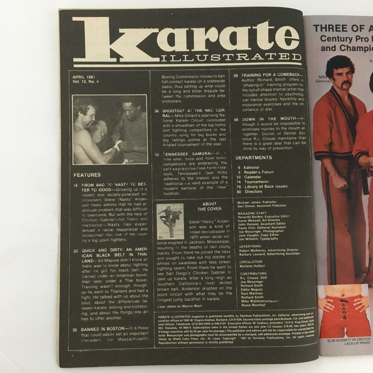Inside page of Karate Illustrated Magazine April 1981 Vol 12 #4 displaying features and articles, including a section about cover star Steve 'Nasty' Anderson's martial arts journey.