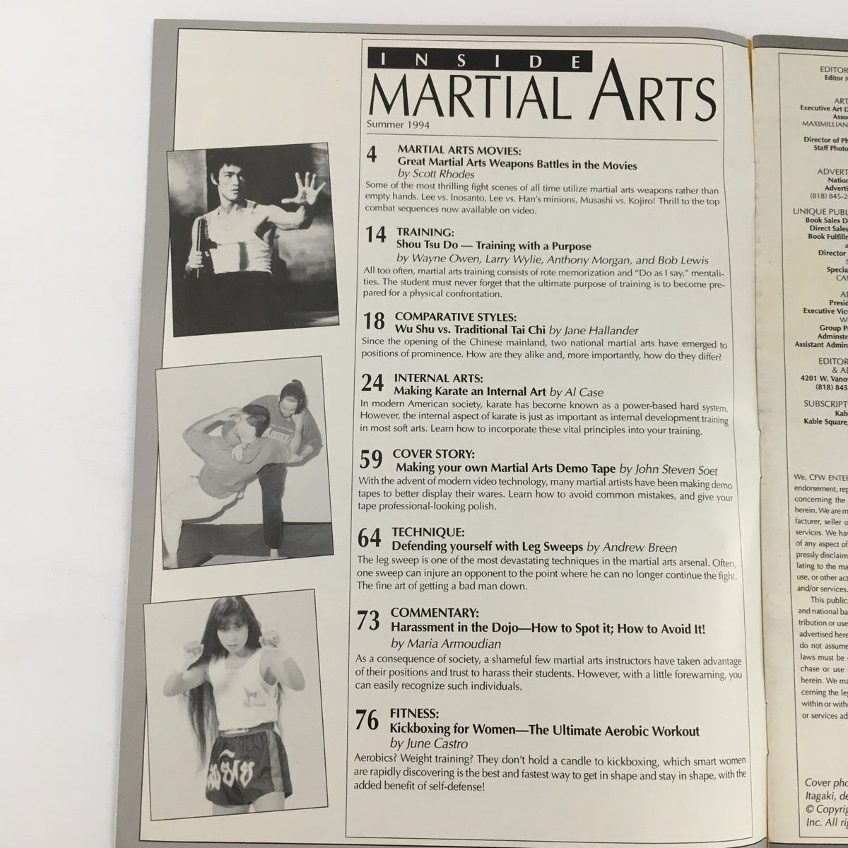 Inside page of Inside Martial Arts Magazine Summer 1994, showcasing articles about martial arts training, comparative styles, and techniques.