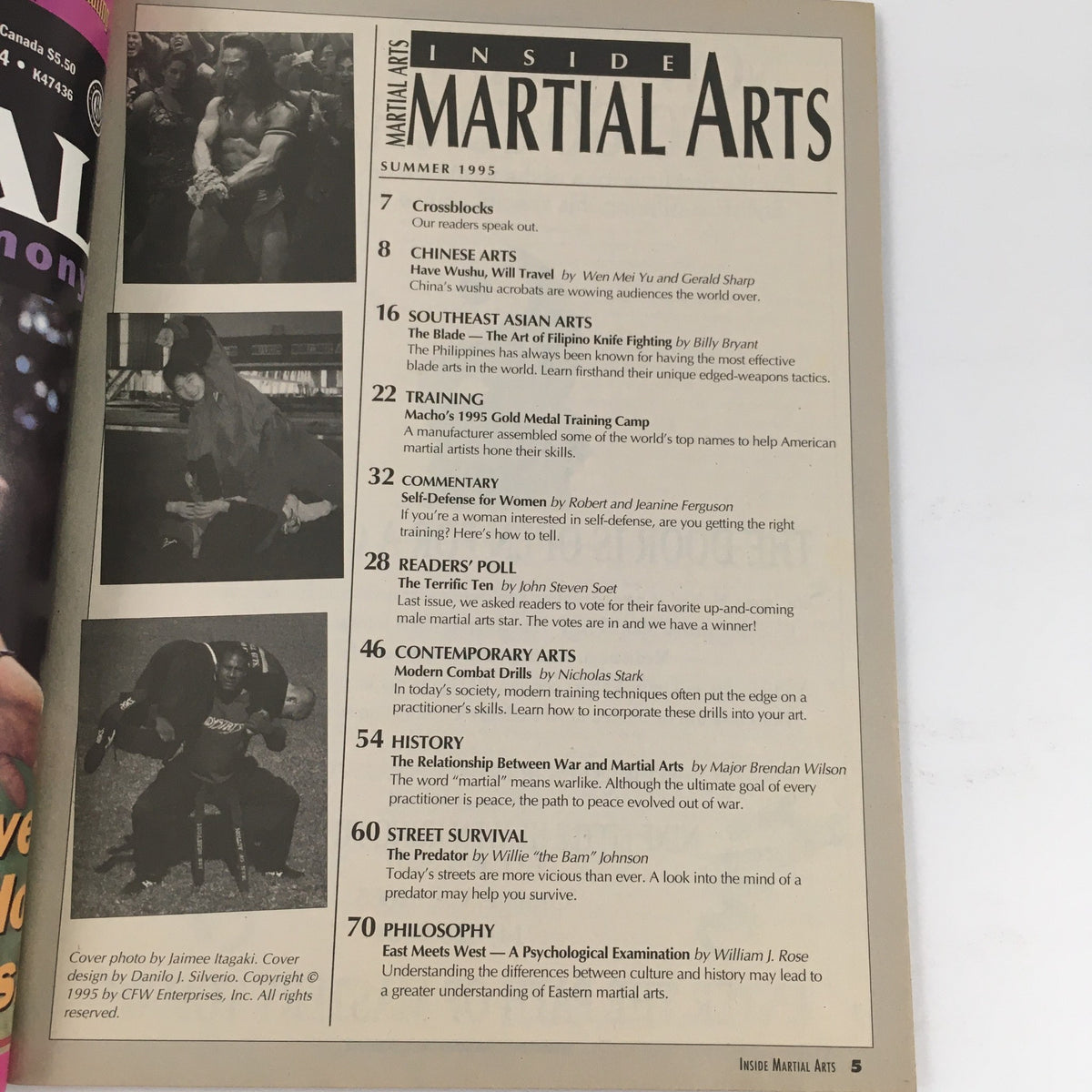 Inside page of Inside Martial Arts Magazine Summer 1995 displaying the table of contents with topics on martial arts training, philosophy, and history.