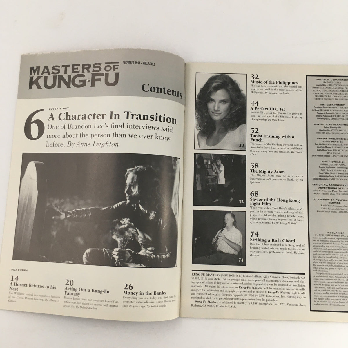 Inside page of Masters of Kung Fu Magazine December 1994 Vol 2 #2 showcasing the table of contents with feature articles including a spotlight on Brandon Lee.