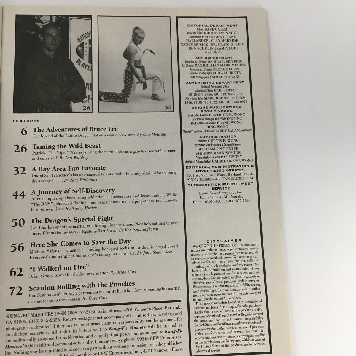 Back page of Masters of Kung Fu Magazine March 1994 Vol 1 #10 listing featured articles, including stories about Bruce Lee and martial arts culture.