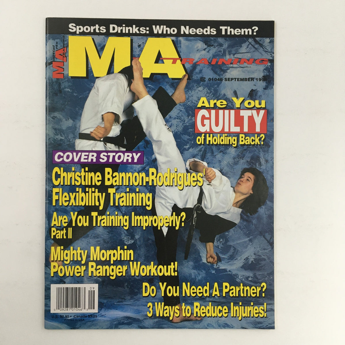 MA Training Magazine September 1994, Vol 21 #5 featuring Christine Bannon Rodrigues on the cover, showcasing martial arts training and flexibility, with headlines about sports drinks, training advice, and a Power Ranger workout.