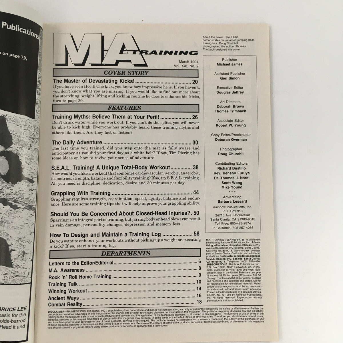 Cover page of MA Training Magazine, March 1994, Vol 21 #2, featuring articles on martial arts training techniques and philosophies, highlighting Hee Il Cho's expertise.
